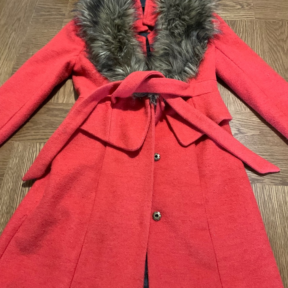 Tracy Reese Red Coat with Faux Fur Collar
